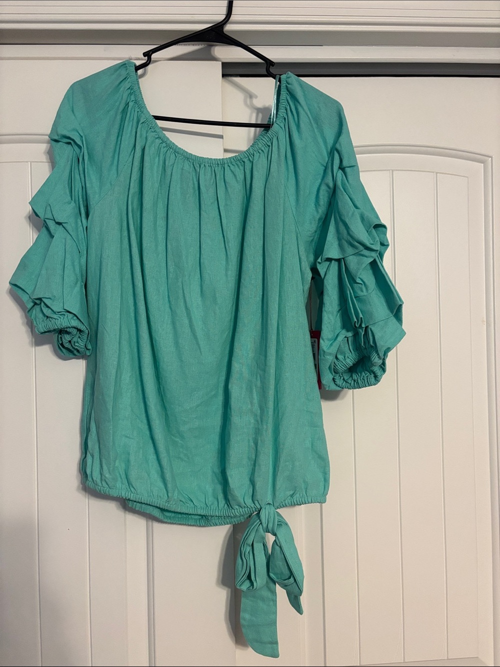 Vince Camuto Turquoise Ruffle-Sleeve Tie-Hem Top